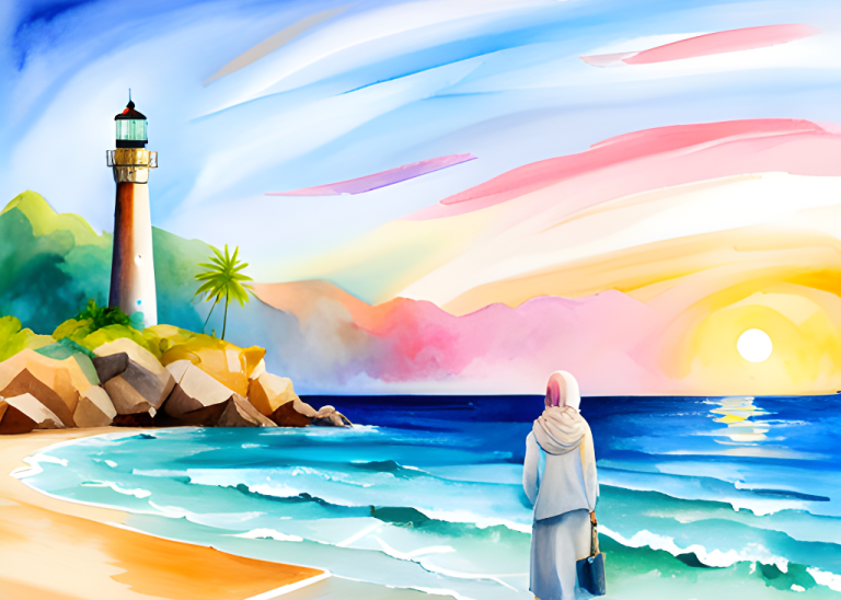 a-watercolor-painting-of-a-muslim-girl-wearing-hijab-standing-facing-the-open-sea--Ashore-the-sea-there-is-a-lighthouse-and-a-few-of-sailboat-